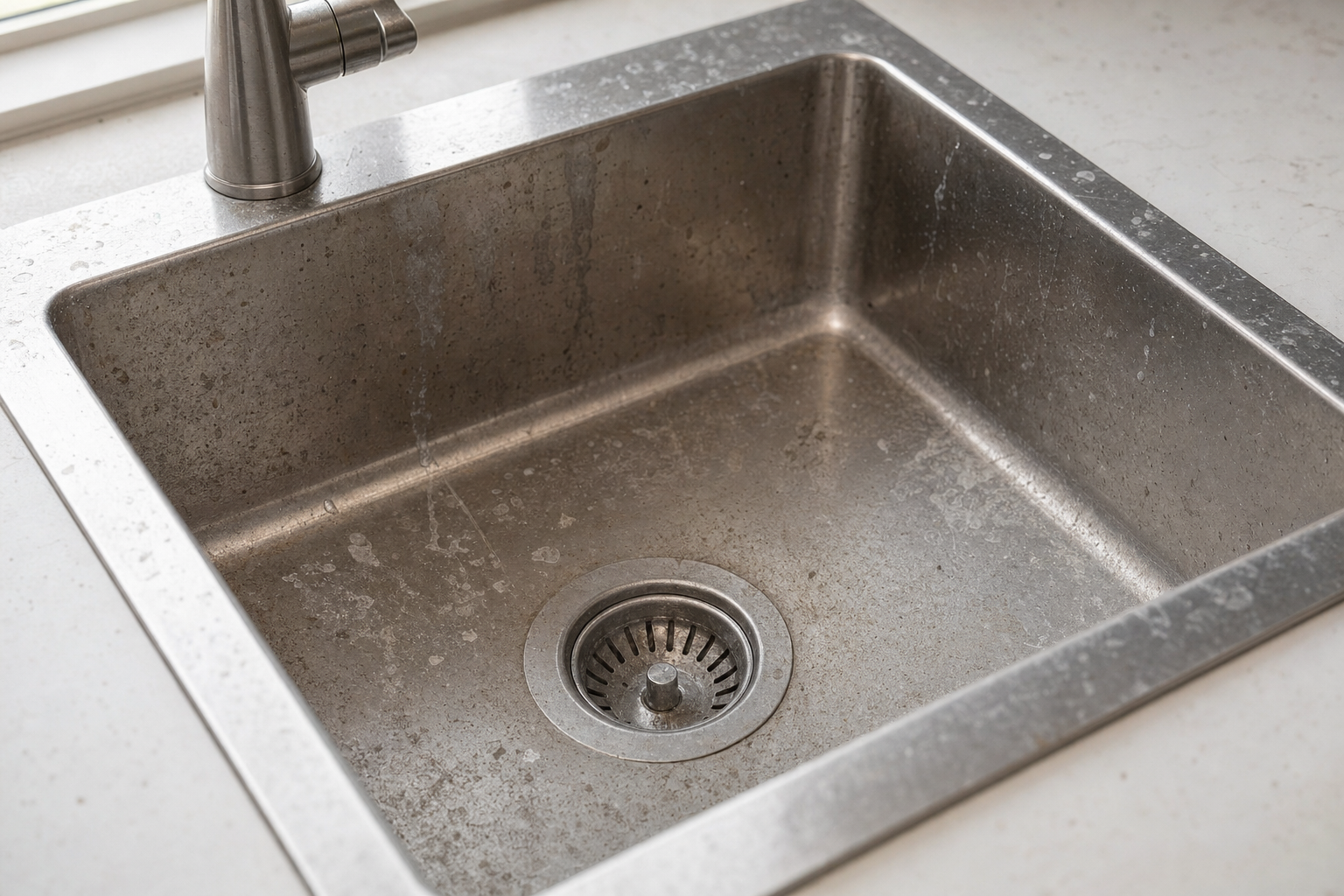 Dirty kitchen sink and faucet before steam cleaning